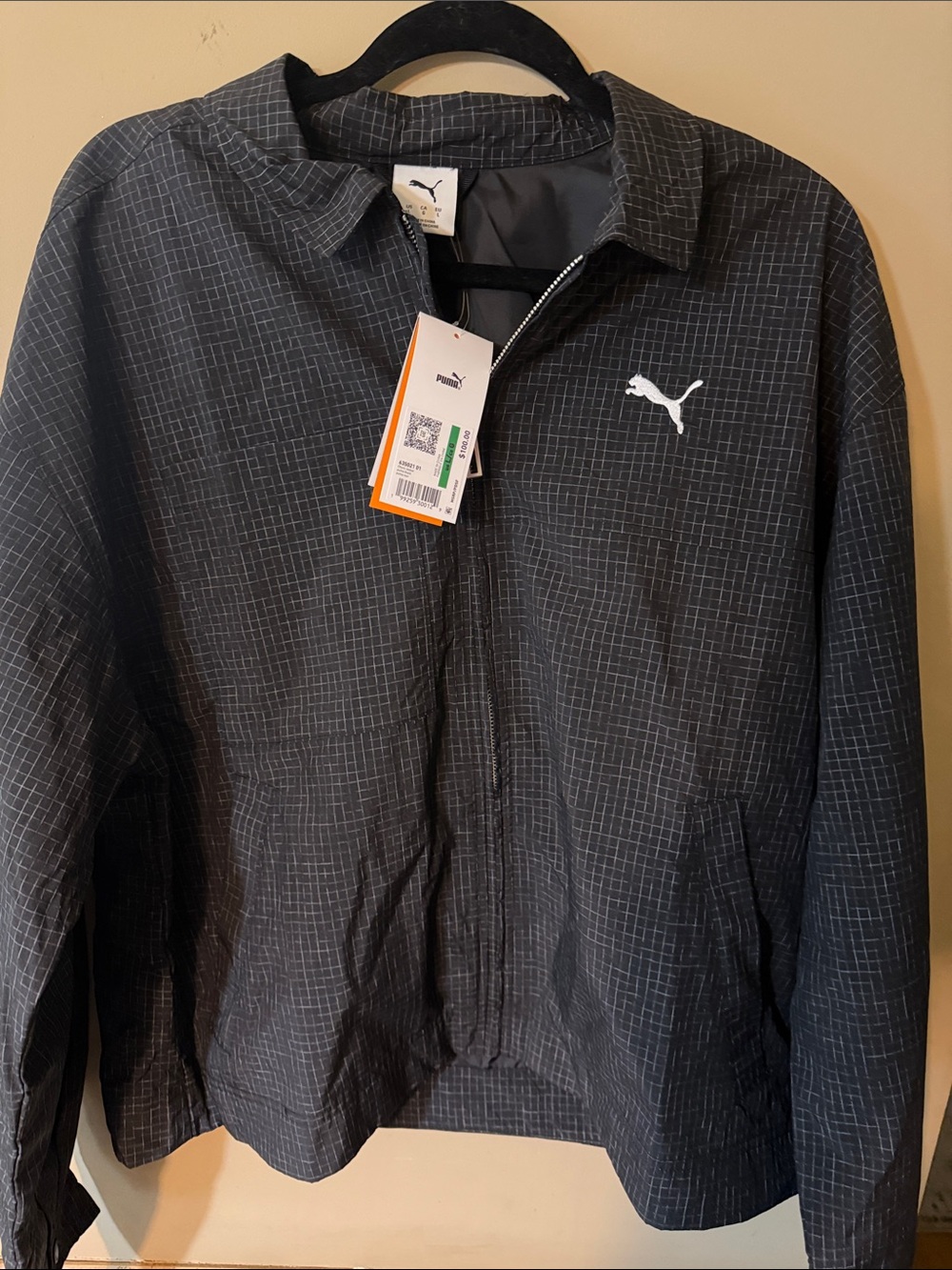 Puma Men's Black Grid-Pattern Windbreaker Jacket with White Logo